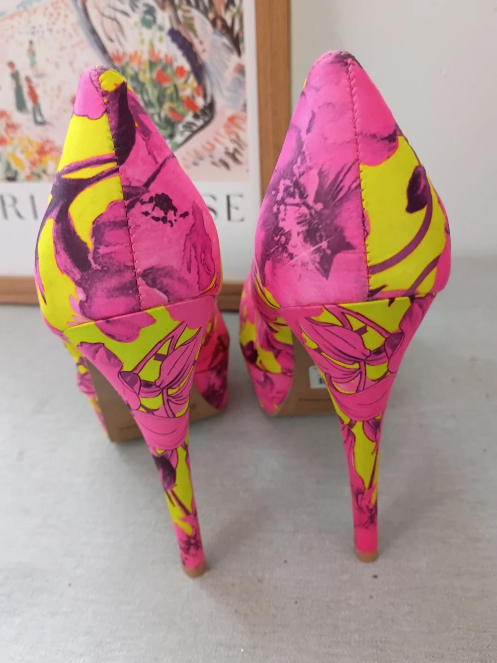 Charlotte Russe Hot Pink and Yellow Floral Platform Heels
